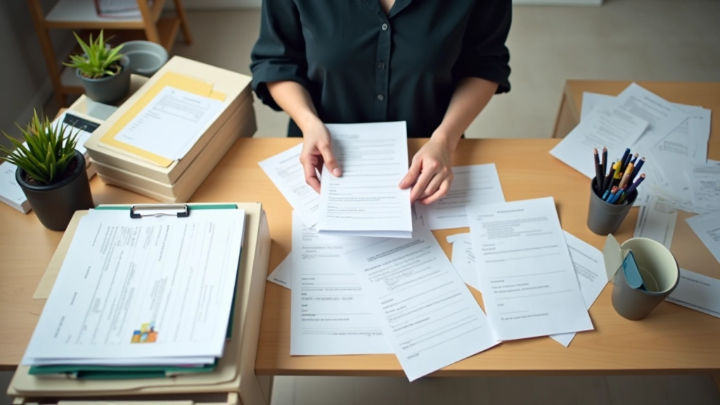 Person organizing documents and files at clean organized desk