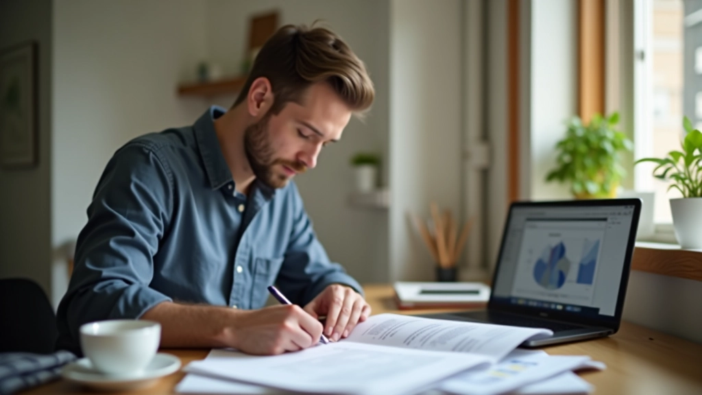 Business owner reviewing documents at home office with multiple papers spread out